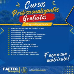Faetec Teresópolis segue com vagas abertas para cursos profissionalizantes gratuitos Faetec Teresópolis segue com vagas abertas para cursos profissionalizantes gratuitos