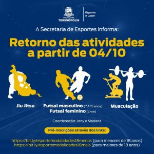 Secretaria de Esportes retoma na segunda-feira, 04/10, aulas gratuitas de 3 modalidades e implanta 8 novas