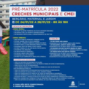 Ano letivo de 2022 Pré-matrícula para creches municipais