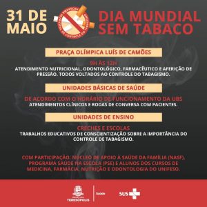 Dia Mundial Sem Tabaco com ações dia 31 em Teresópolis