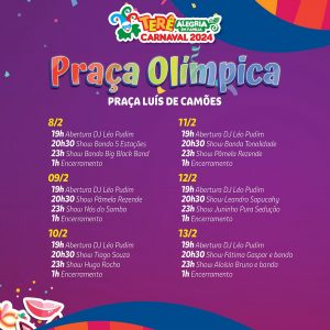 Programação carnaval 2024 na Praça Olímpica no Centro de Teresópolis